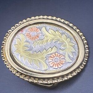 Vtg Westin Belt Buckle Silver Rose Yellow Gold Flowers Small Western LOOK READ